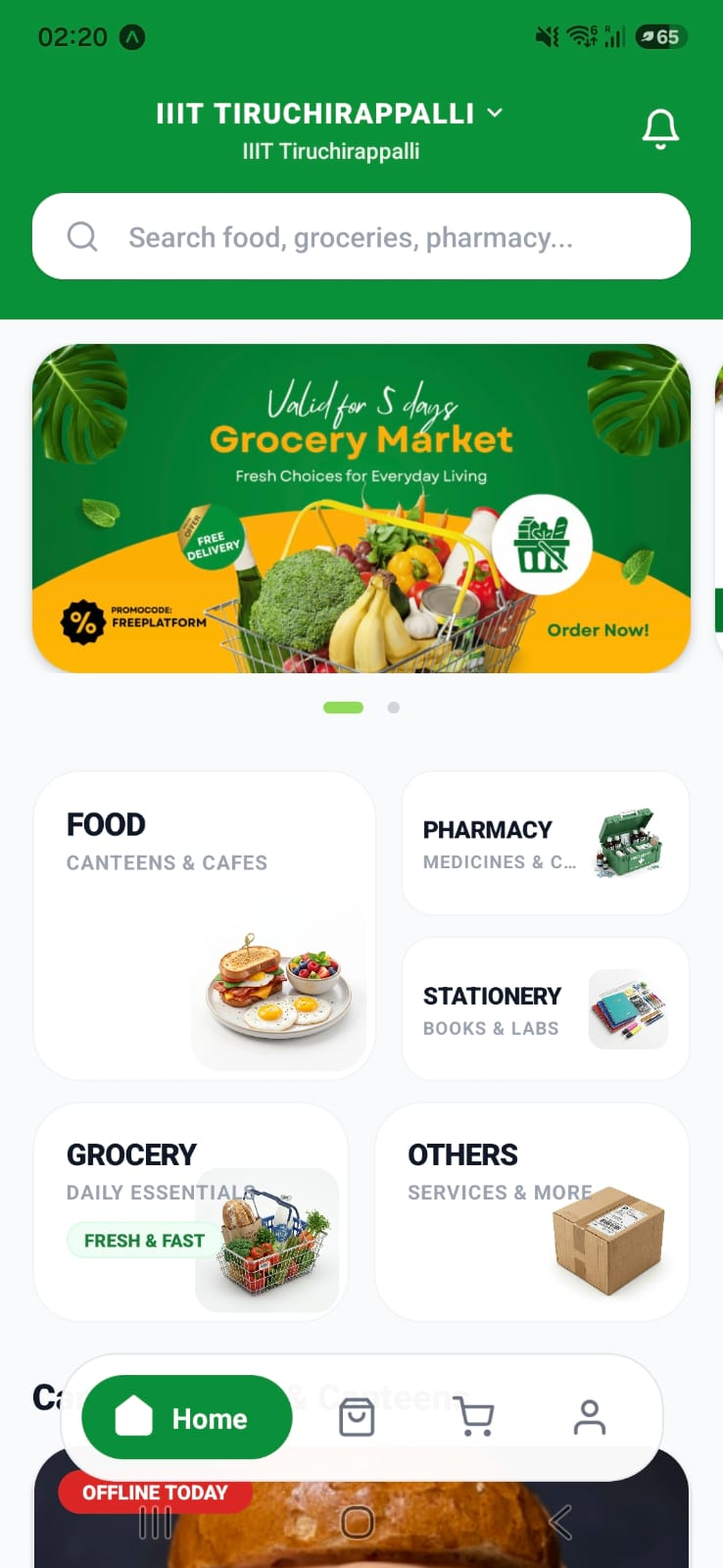 VAAYU app home screen showing food, pharmacy, stationery, grocery and other categories